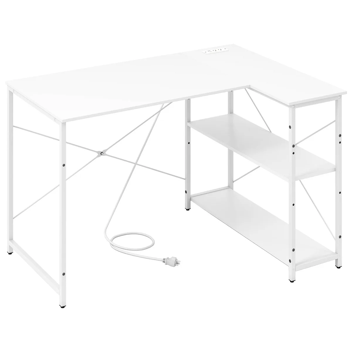 White L-shaped corner desk with metal frame, reversible panels and adjustable storage shelves