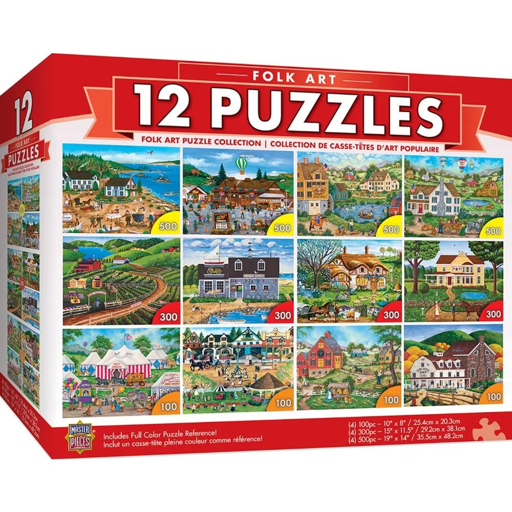 Masterpieces Puzzle Company Masterpieces Folk Art Collection 12-Pack Puzzle Bundle 100 300 500 pieces — product photo