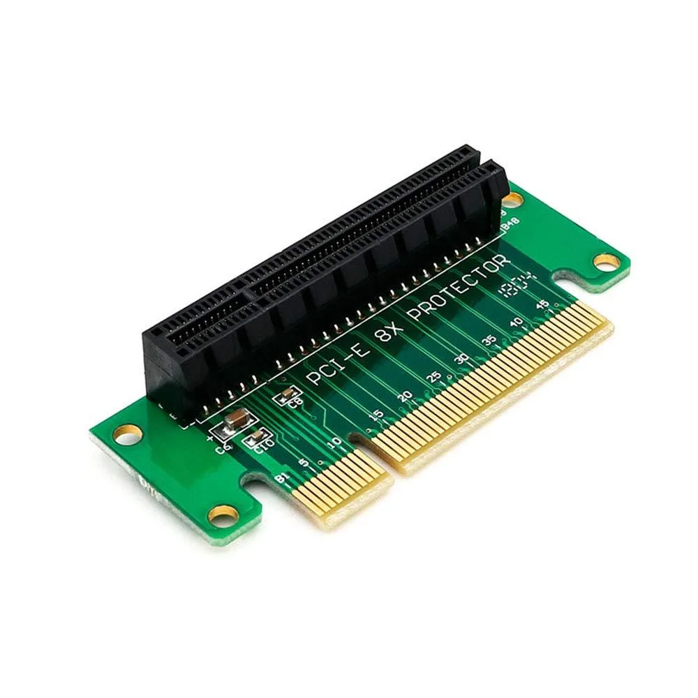Green circuit board with right-angle PCIe x8 socket extending left