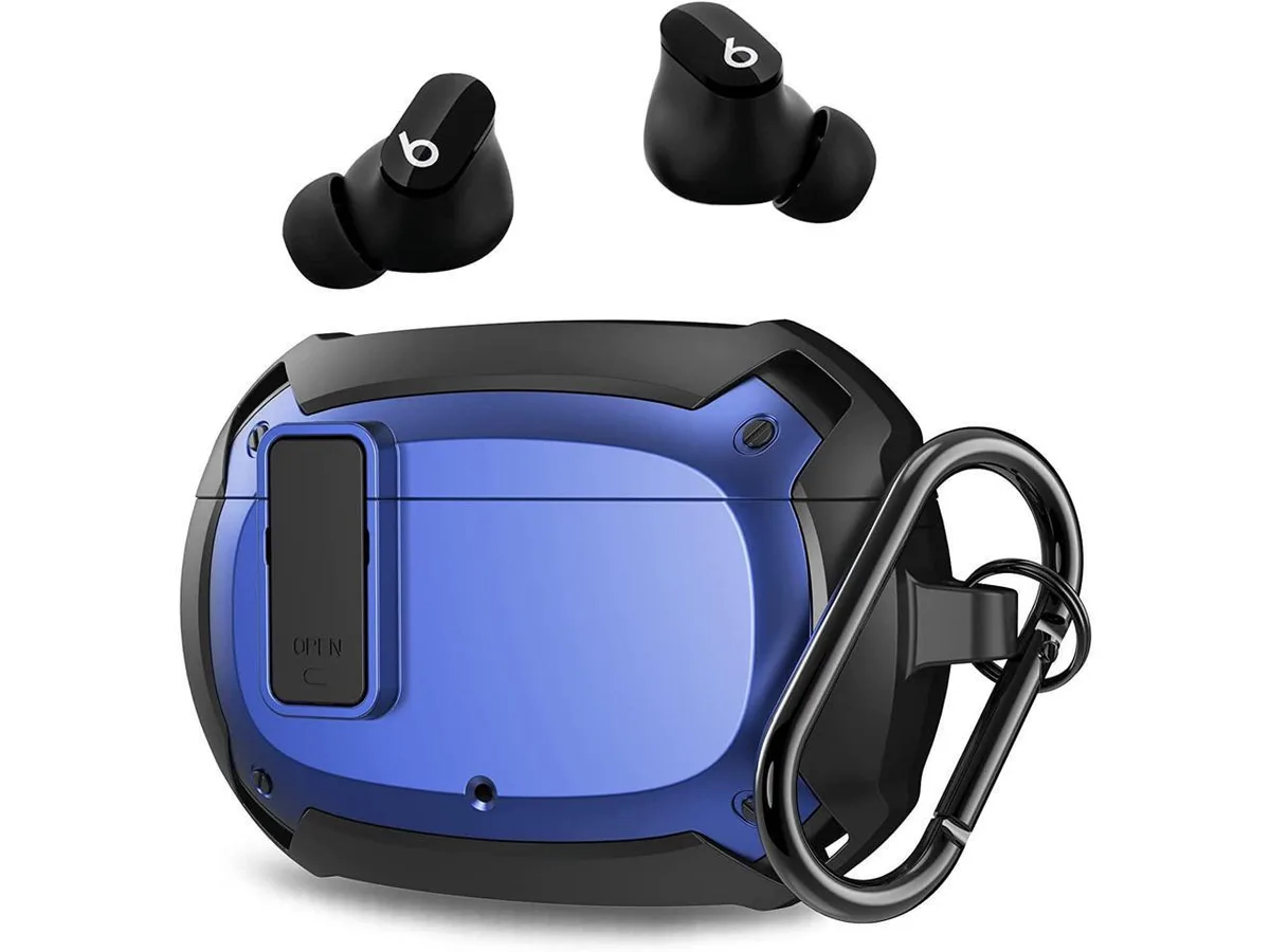Blue rugged hard-shell case for Beats Studio Buds with metal carabiner clip