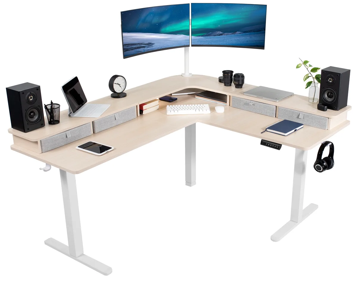 VIVO VIVO 2-Tier Electric Corner Desk 63 x 55 Light Wood White Frame — product photo