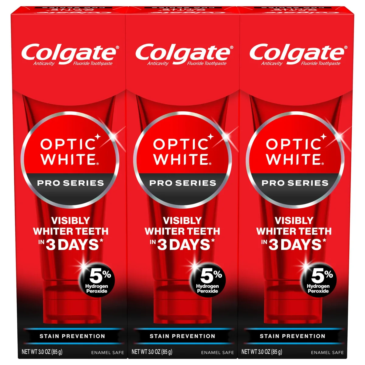 Three white 3.0 oz toothpaste tubes in a rectangular box