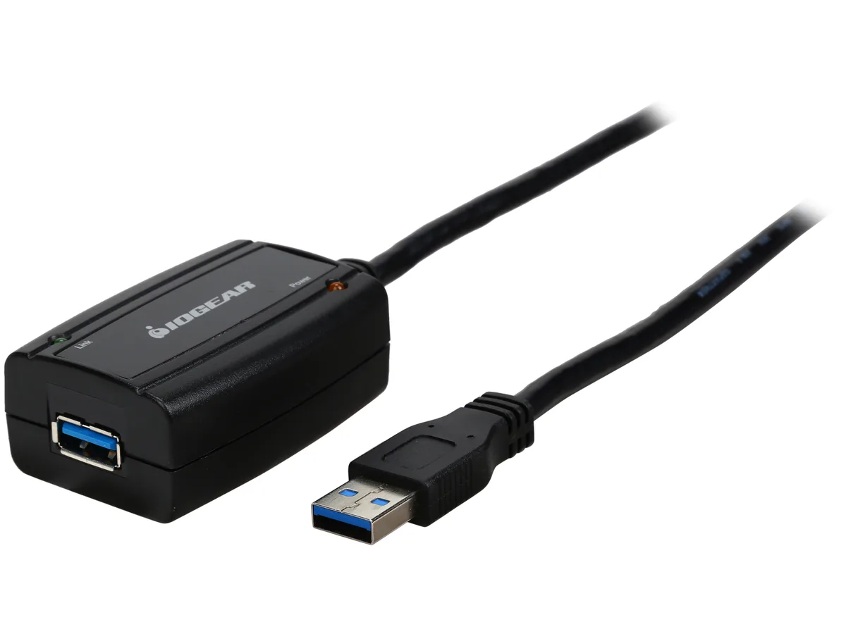 Black USB A to C cable with inline booster module 16.4 ft