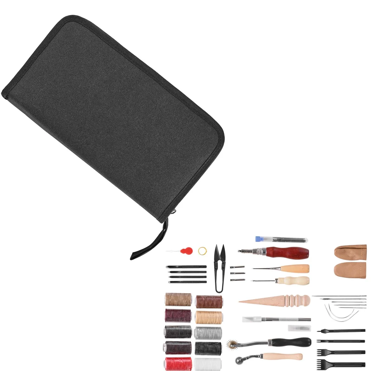 38-piece leather tool kit in canvas storage bag