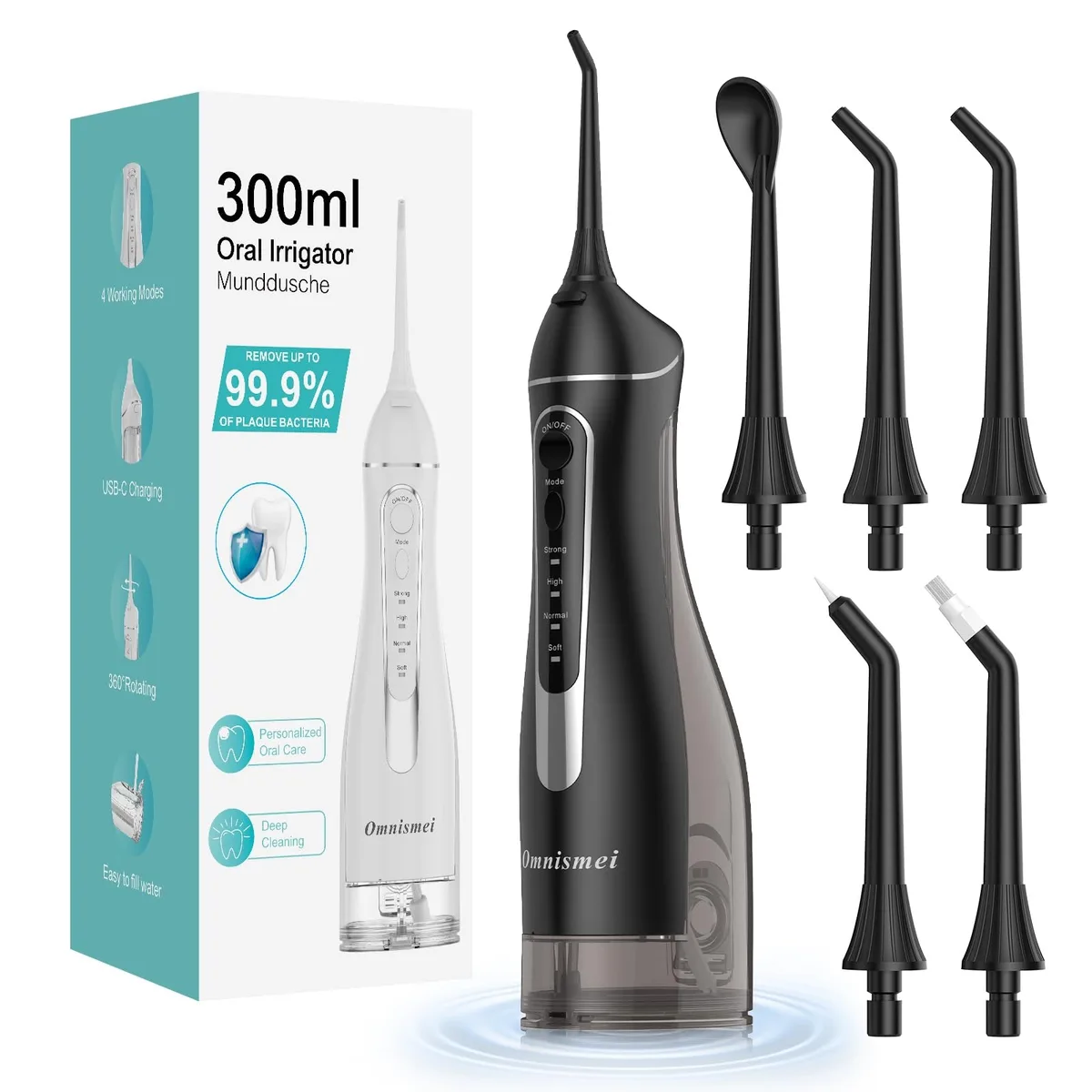 Black cordless water flosser with 300ml tank and IPX7 rating
