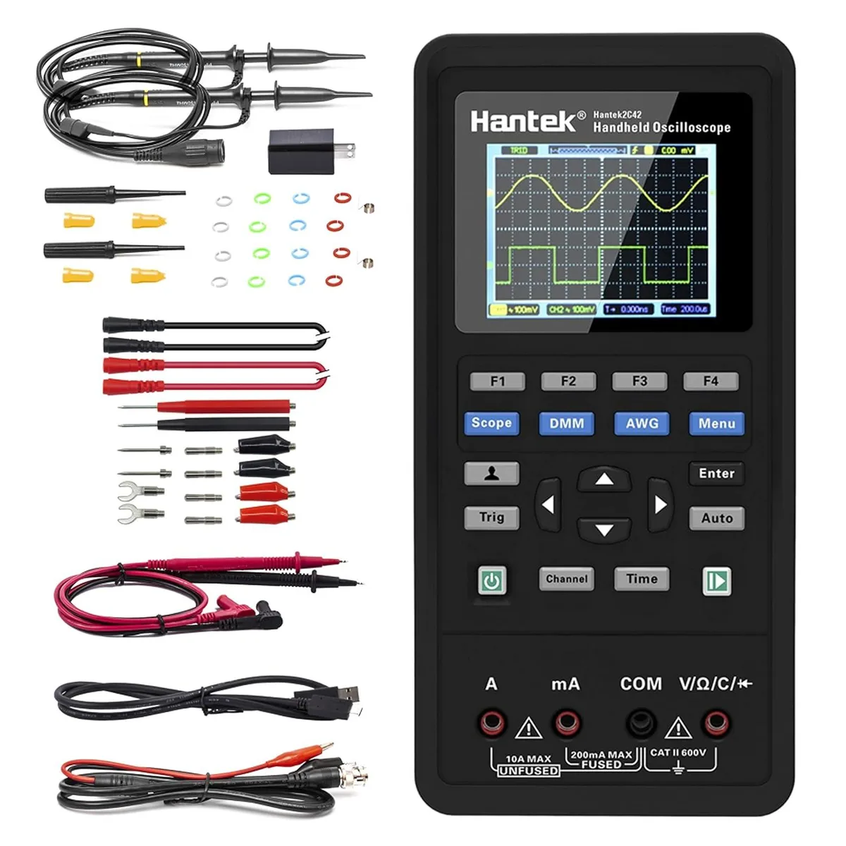 Compact handheld oscilloscope multimeter with colour screen and probes