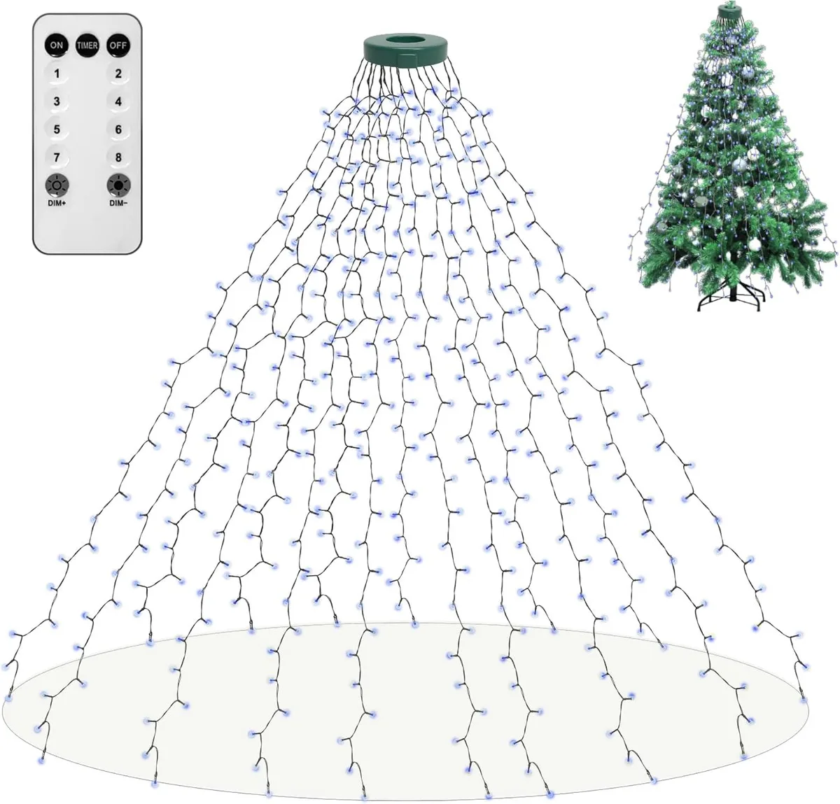 Sixteen cold-white LED strands hang from a top ring, 6.6 ft each, with a plug-in adapter and remote