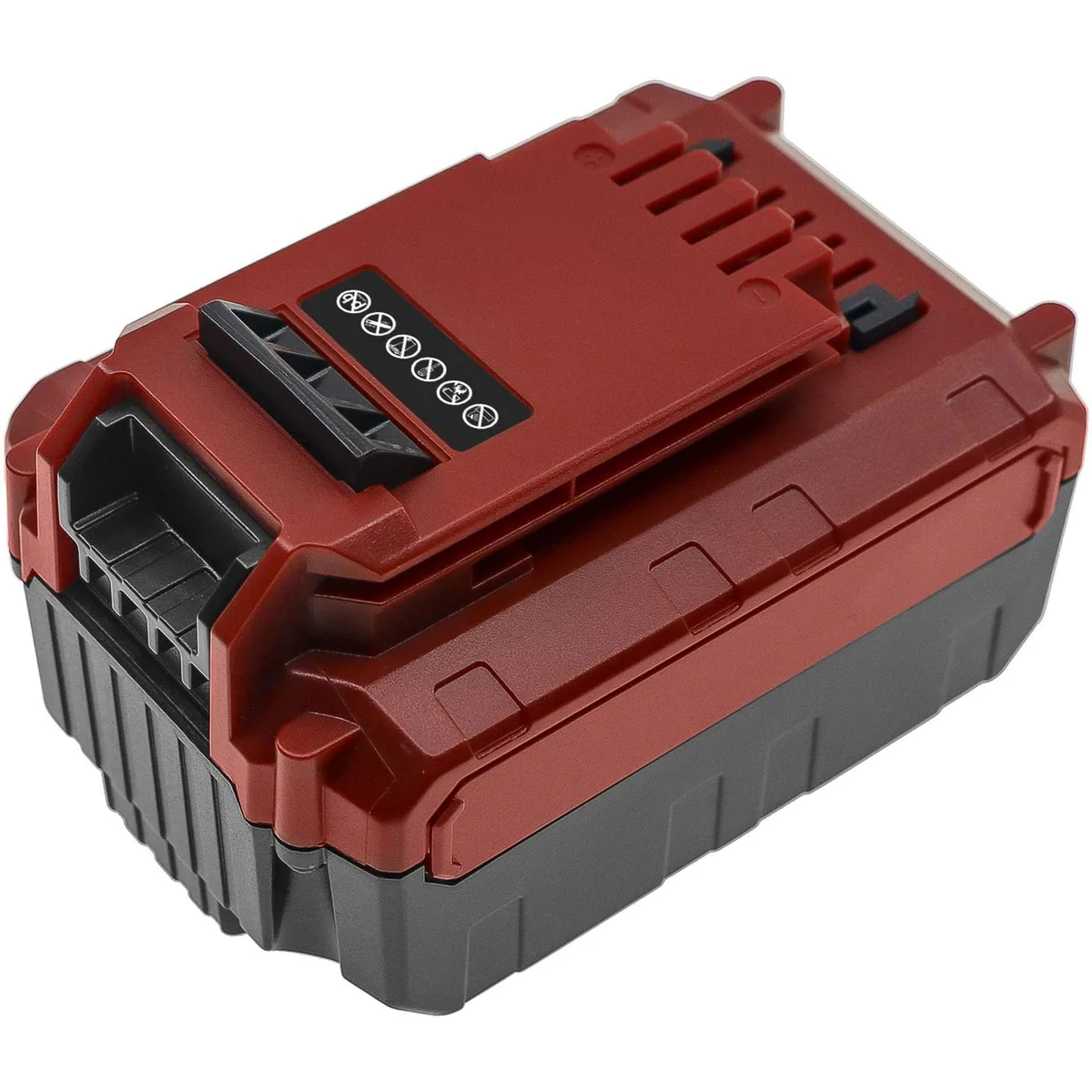 Rectangular lithium-ion power-tool battery, dark casing, slide-on contacts