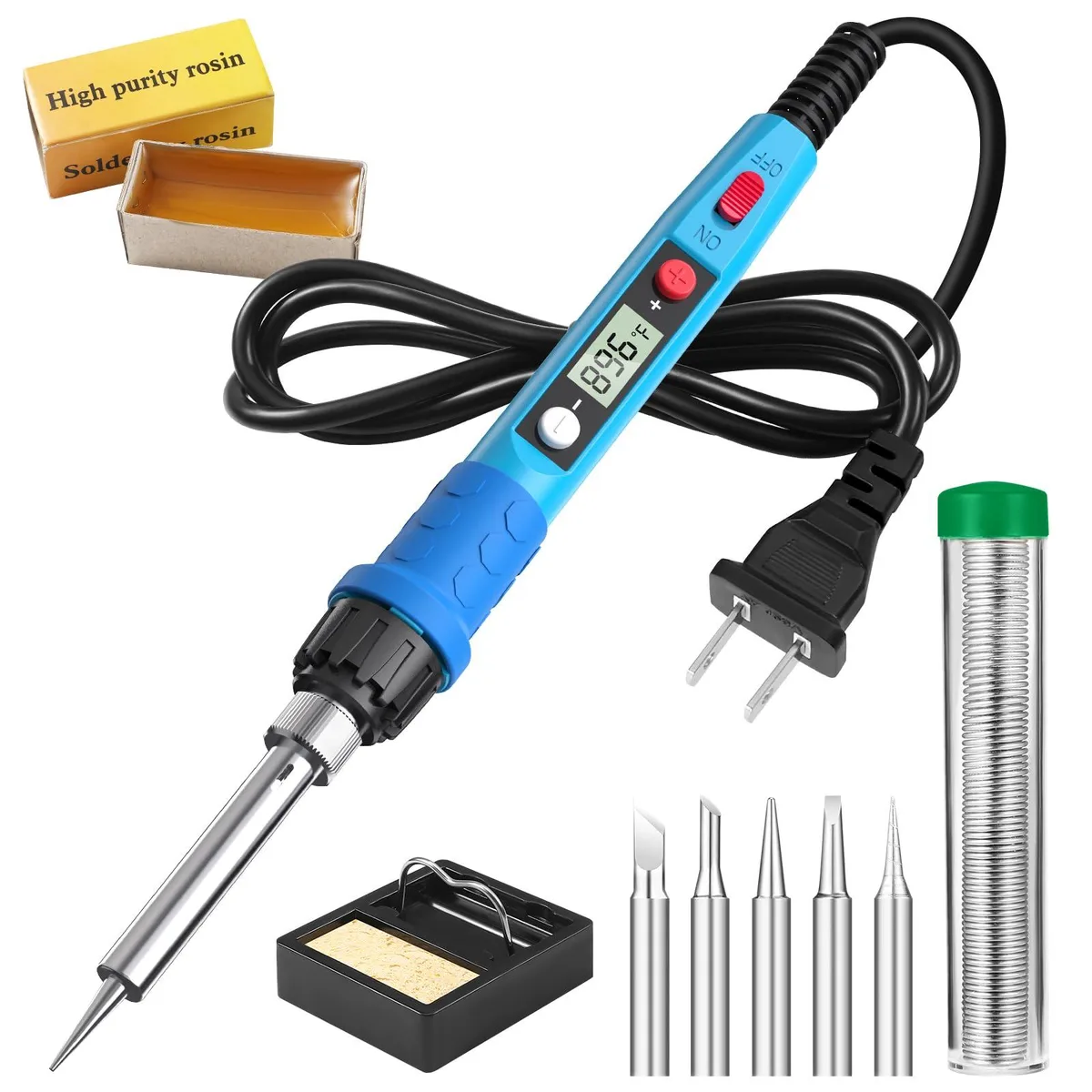 Blue 80W digital soldering iron with LCD screen, stand, tips, wire, sponge and paste