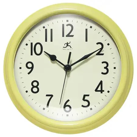 Yellow plastic wall clock, 9.5 in diameter, black metal hands