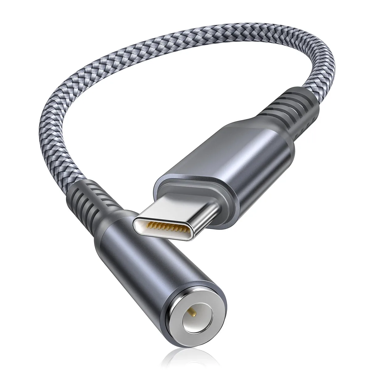 Grey USB-C to 3.5mm audio adapter with braided cable and aluminium housing