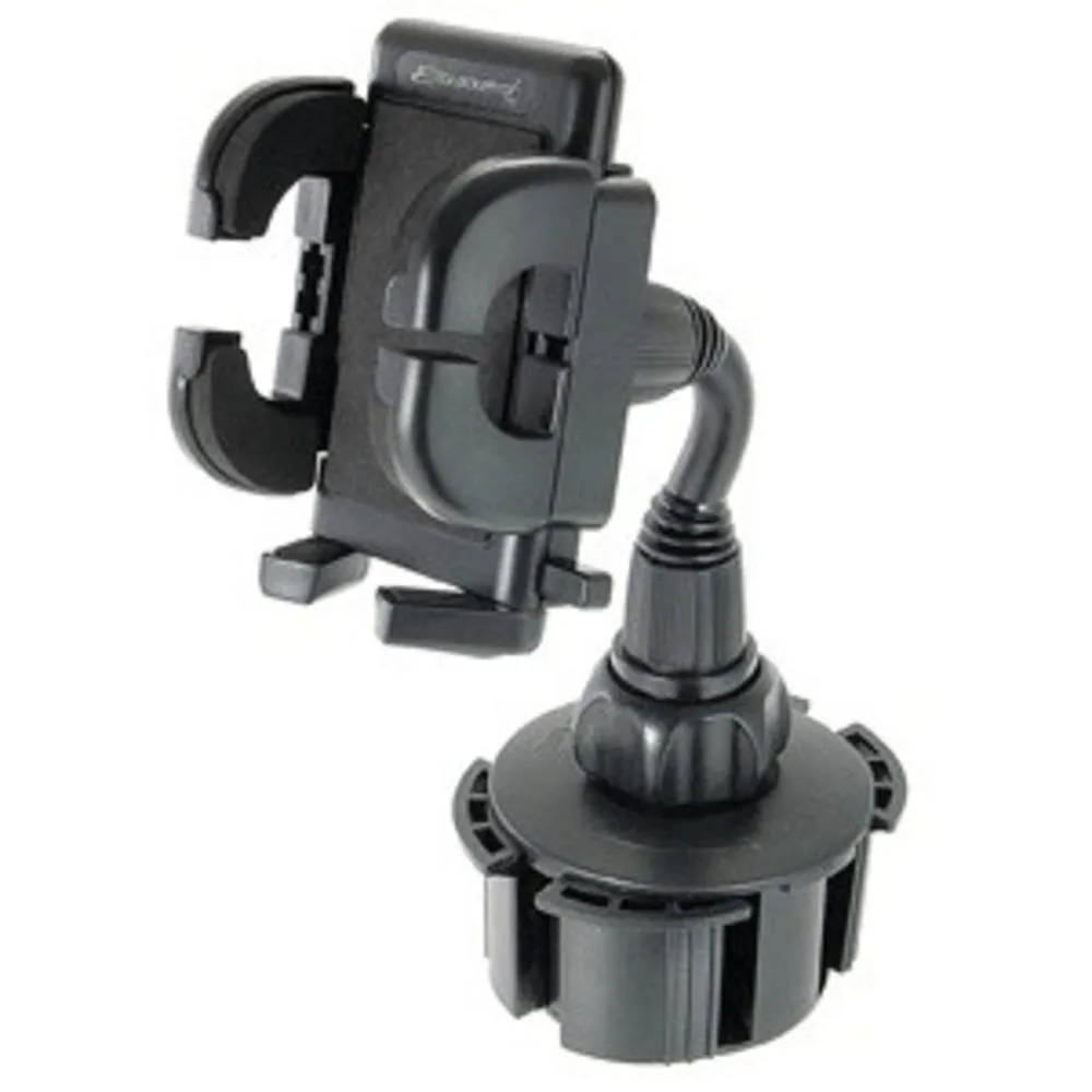 Black phone mount with expandable cup base and 360° swivel arm