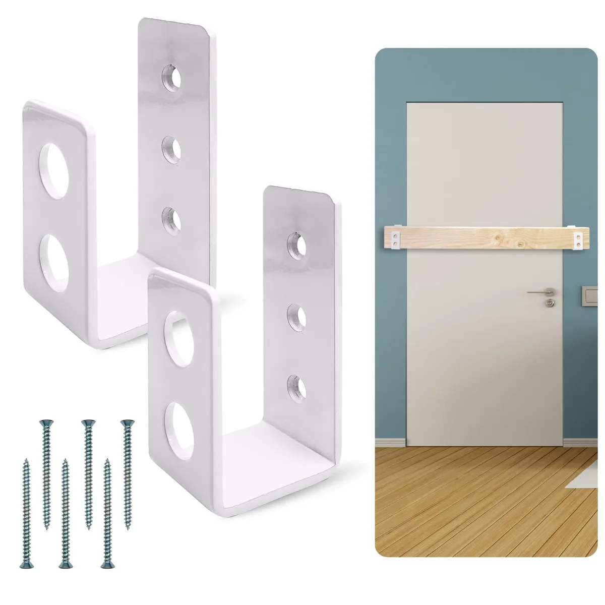 Two white powder-coated iron U-brackets with mounting screws