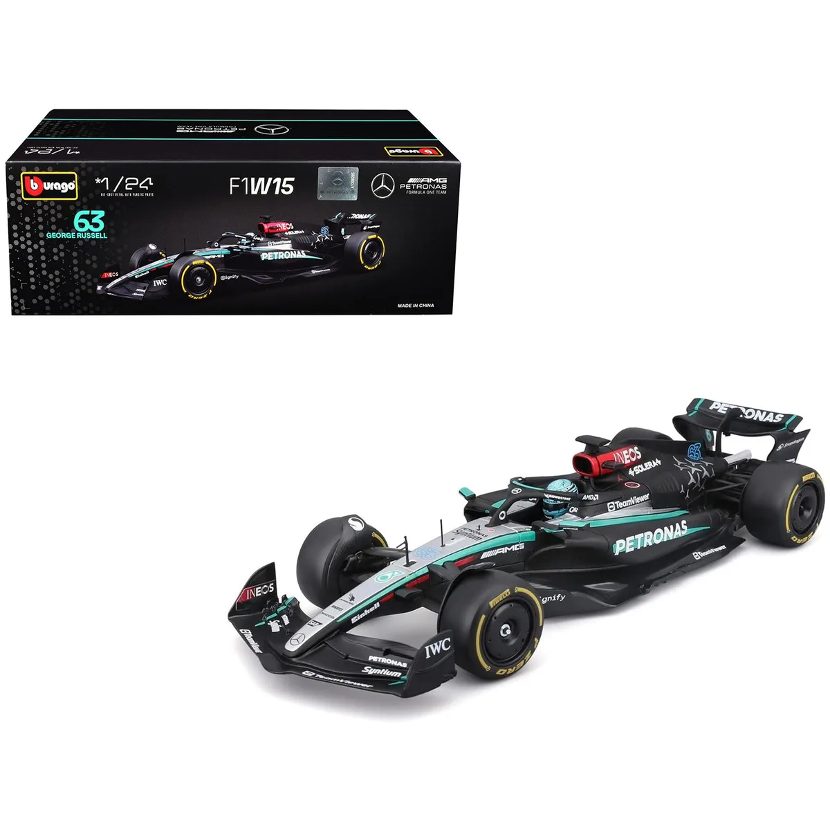 BBURAGO BBURAGO Mercedes-AMG F1 W15 E Performance #63 Petronas 1/24 Diecast 2024 — product photo