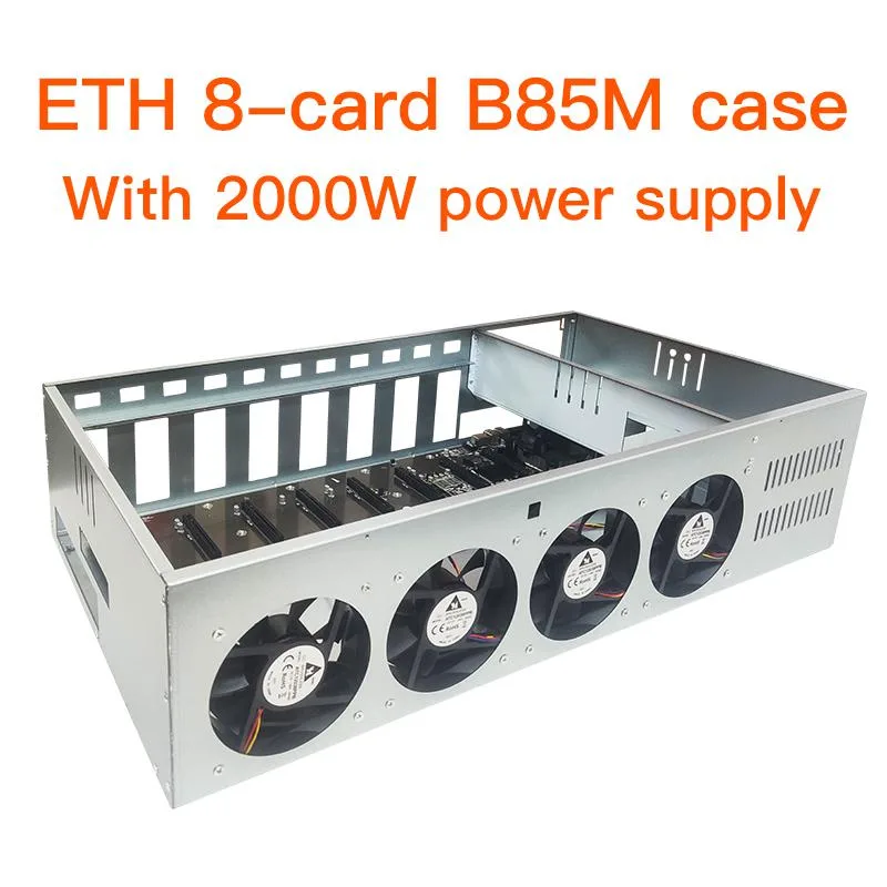 Open-frame steel mining chassis with eight GPU slots four 120mm fans one 80mm fan 2000W PSU included