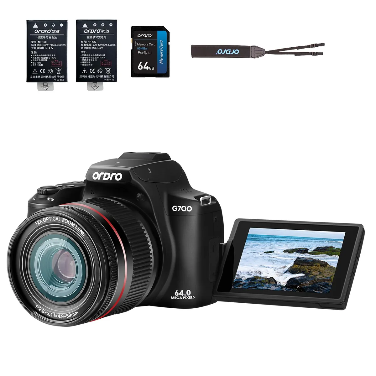 ORDRO ORDRO G700 4K 64MP 12x Optical 3.0" Flip Screen Point &amp; Shoot Camera — product photo