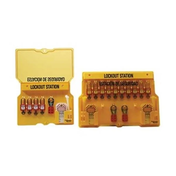 Yellow lockout station with clear door showing four red padlocks, two hasps, tags and lockouts inside