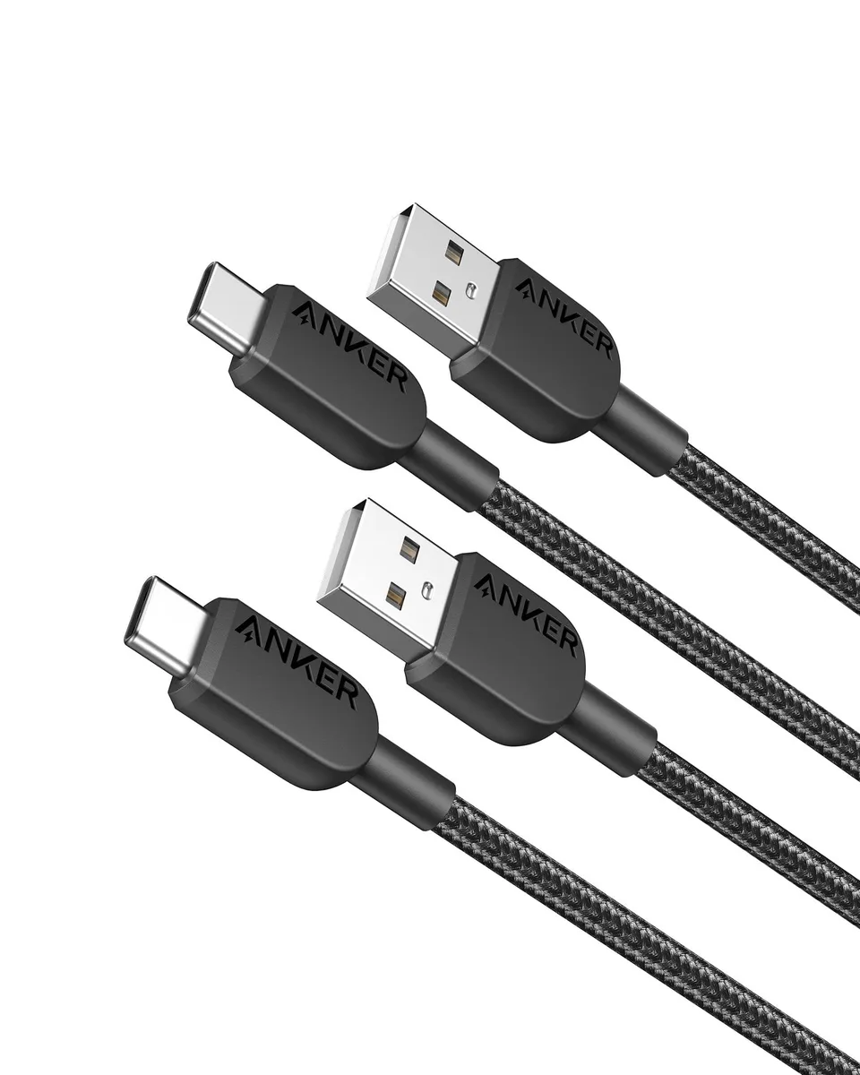 Two black braided USB-A to USB-C cables, three feet long