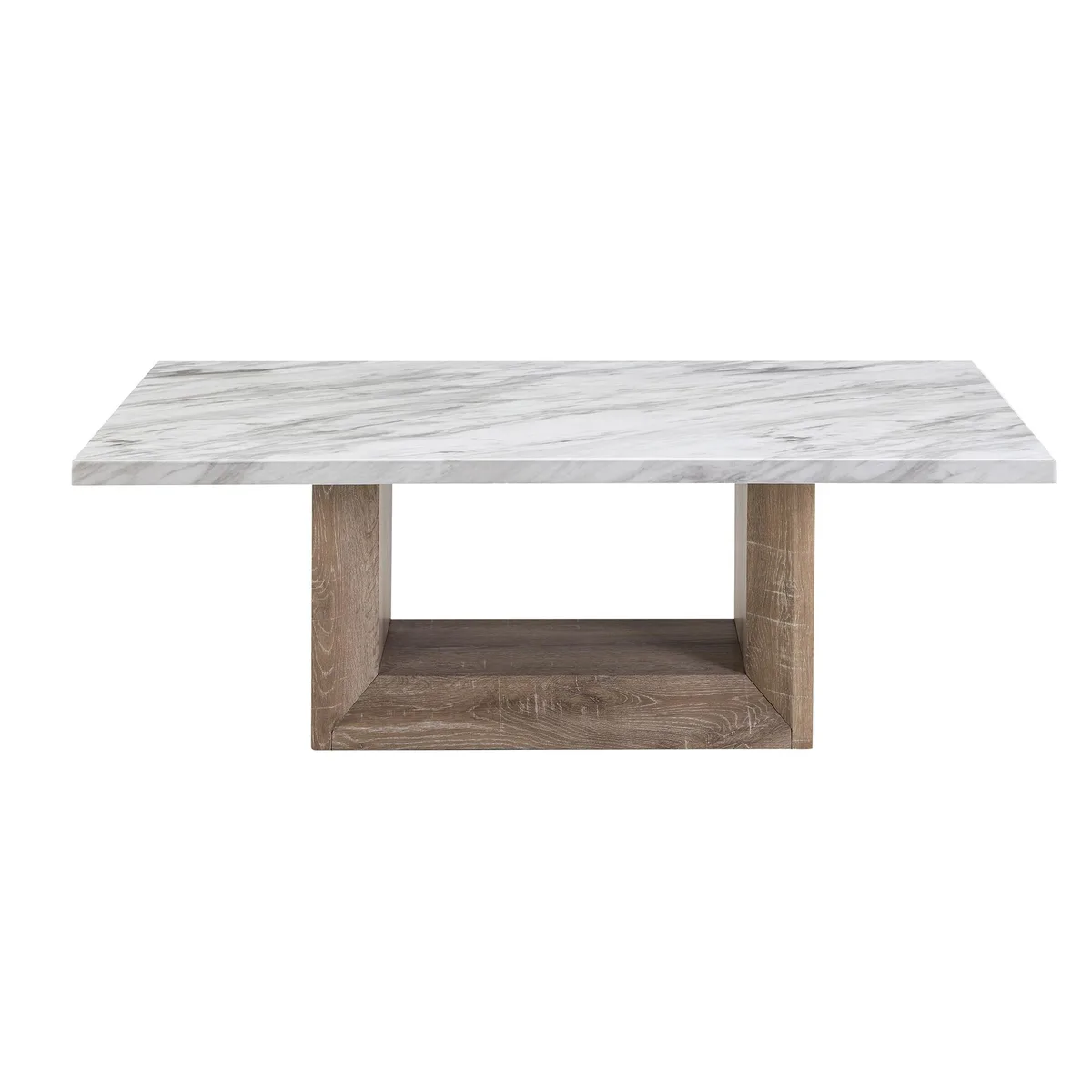 Rectangular marble-effect coffee table with black and ivory top on pedestal base, light brown wood finish