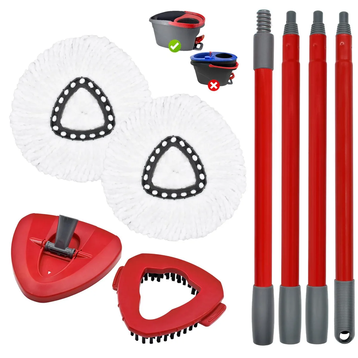 Spin mop replacement kit with iron handle, base, scrubber and two microfiber pads