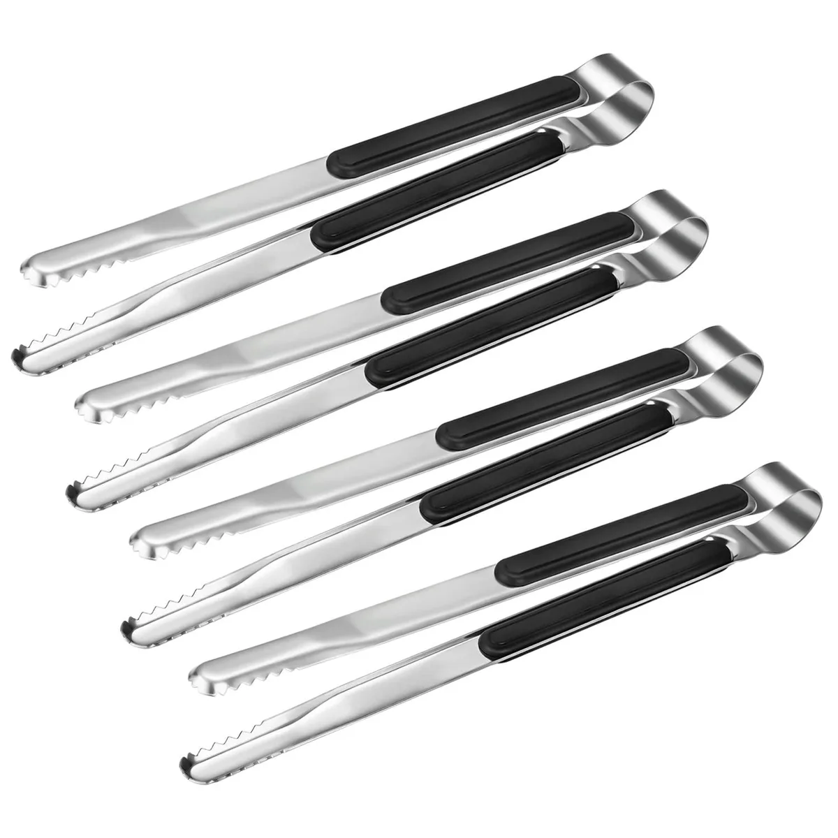 Four stainless steel tongs with black handles, ten inches long
