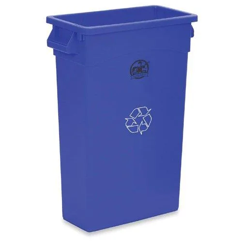 Blue rectangular recycling bin with smooth walls and wall-hugging shape