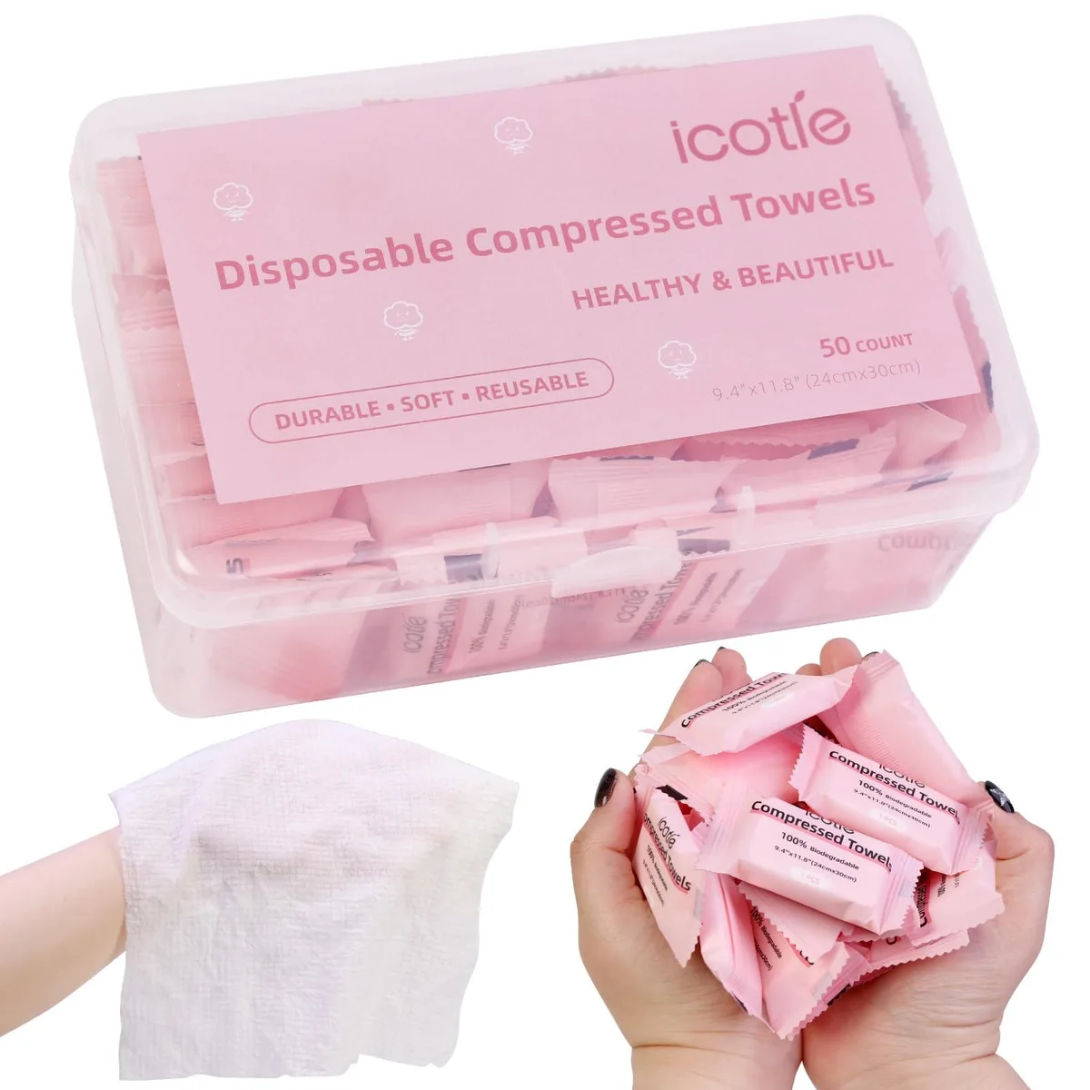 White rectangular box holding 50 individually wrapped compressed cotton towels