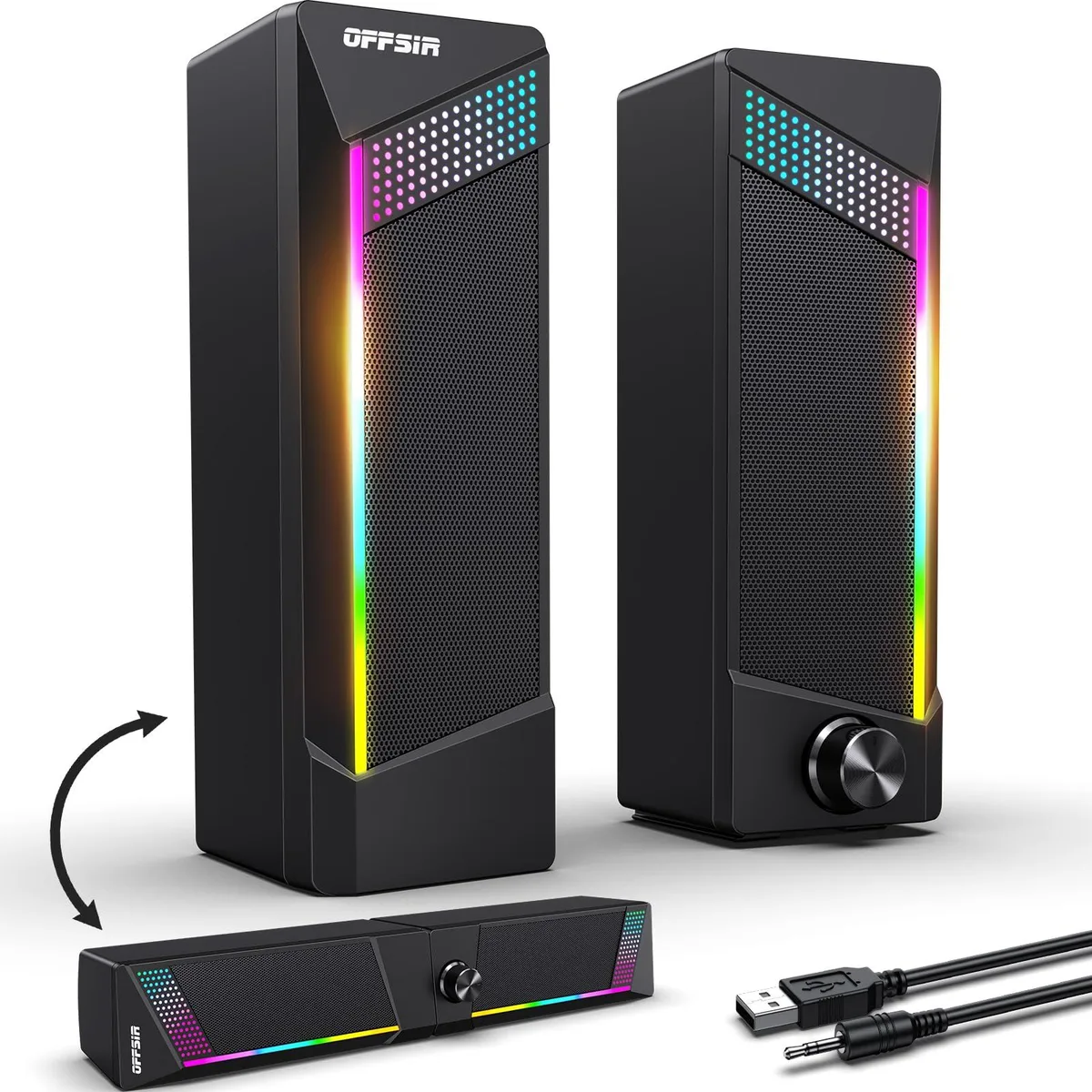 OFFSIR 2-in-1 PC Speaker 2.0 10W RGB Touch Lighting USB 3.5mm Black — product photo