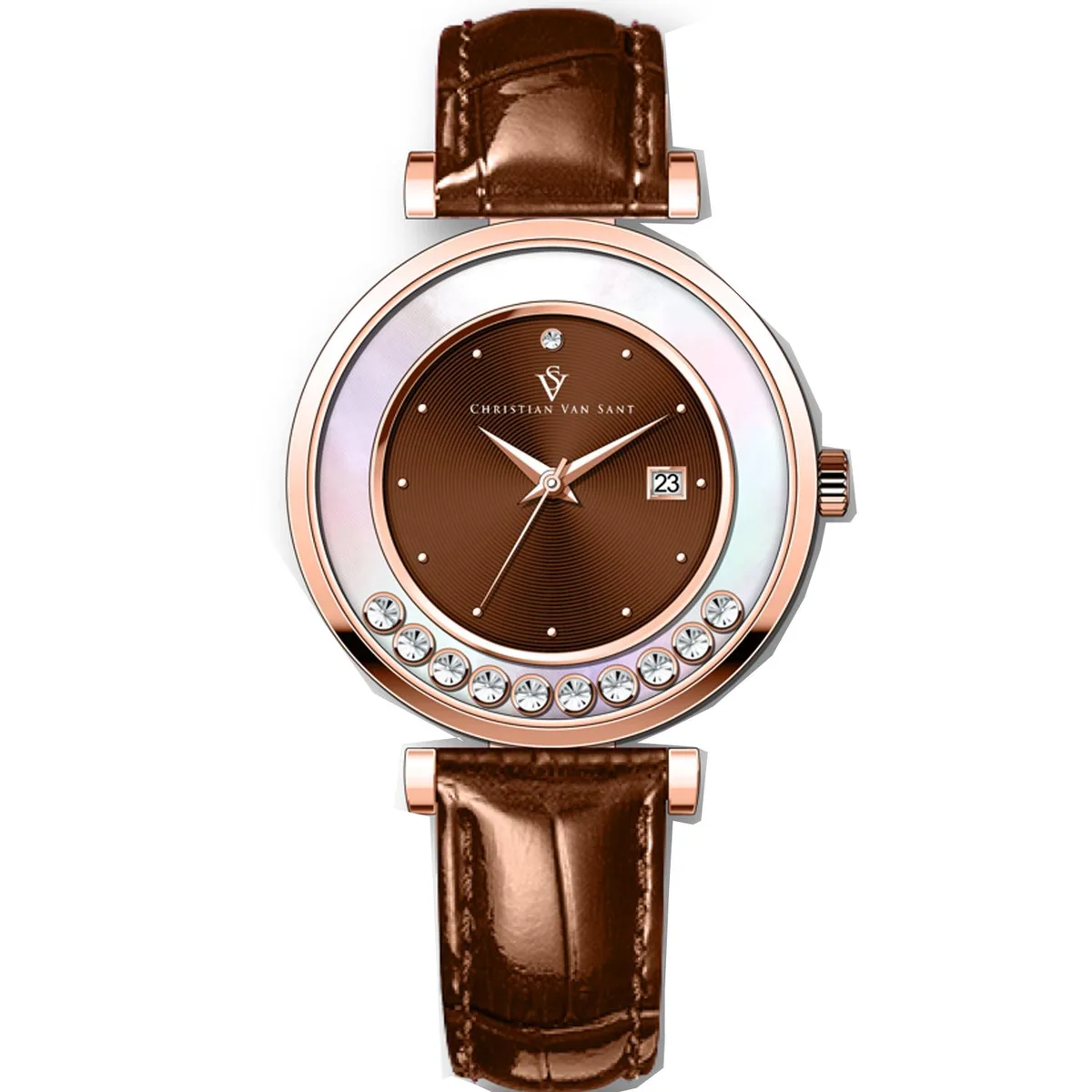 Christian Van Sant Bria brown dial watch with stainless steel case and leather strap