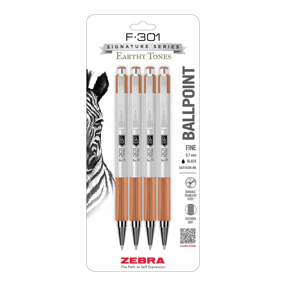 Stainless steel retractable ballpoint pen, black .7mm, metal clip and textured grip