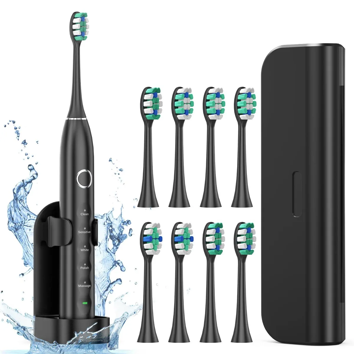 White electric toothbrush with travel case and brush heads