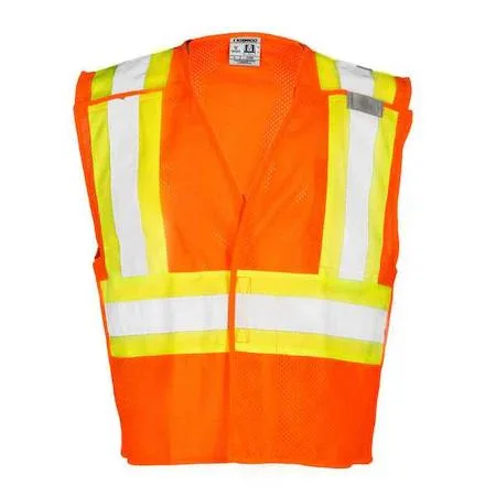 Bright orange breakaway safety vest with silver reflective stripes, hook-and-loop front closure, left chest mic tab