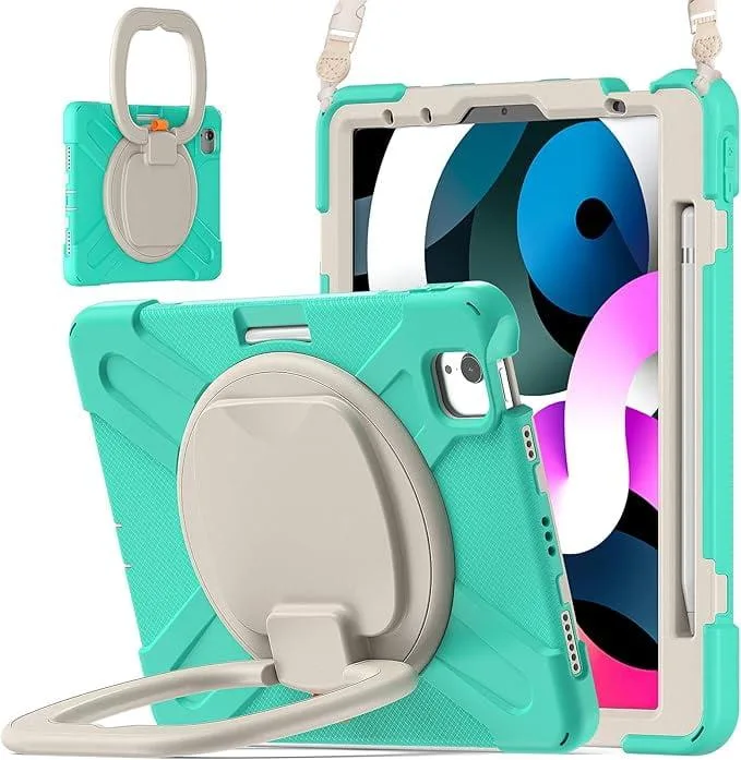 Mint green iPad case with rotating stand and shoulder strap