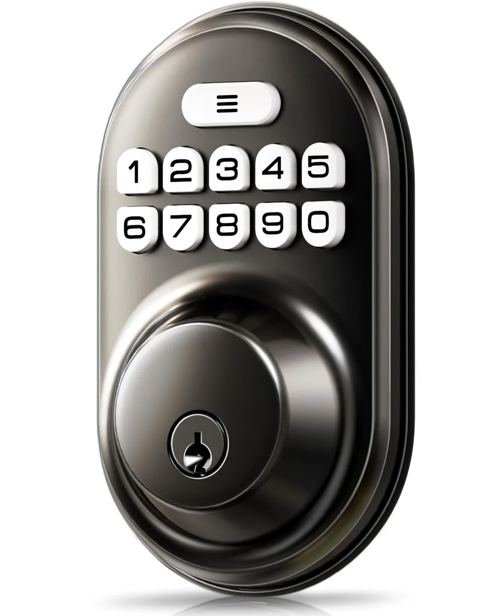 Matte black keyless deadbolt, rectangular 6.2 by 2.8 inches, backlit keypad above key cylinder