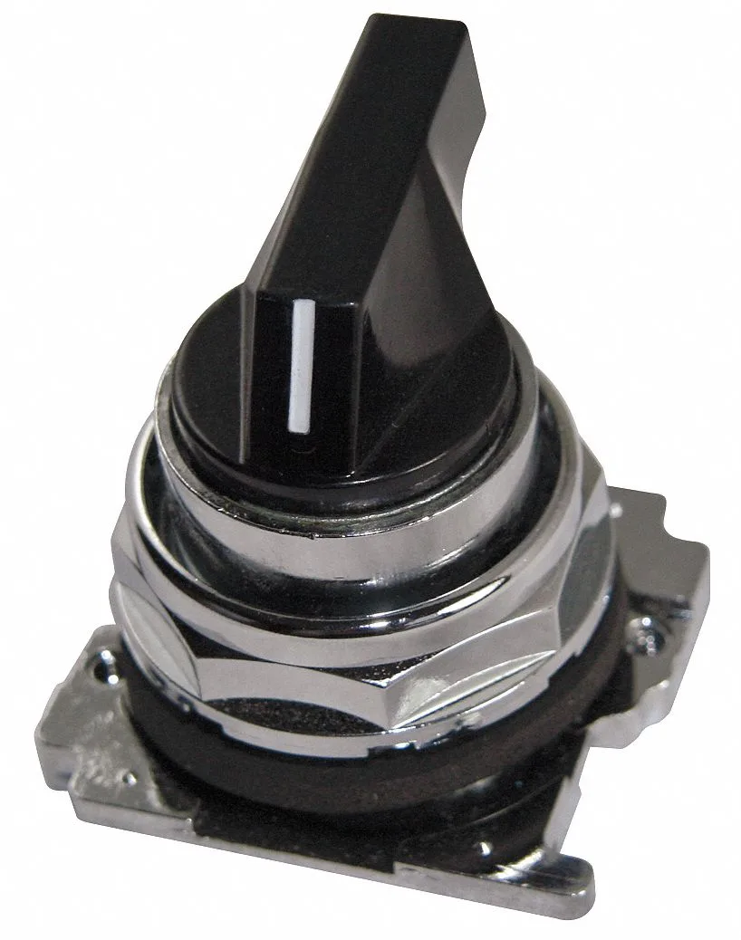 Eaton Cutler-Hammer 30mm three-position selector switch with long black lever operator and chrome anodized aluminum bezel