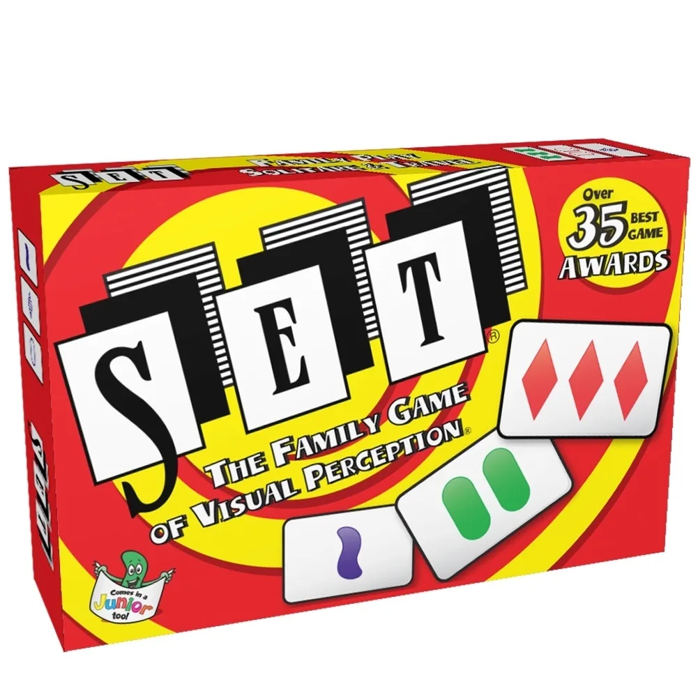Rectangular card game box with multicoloured geometric design