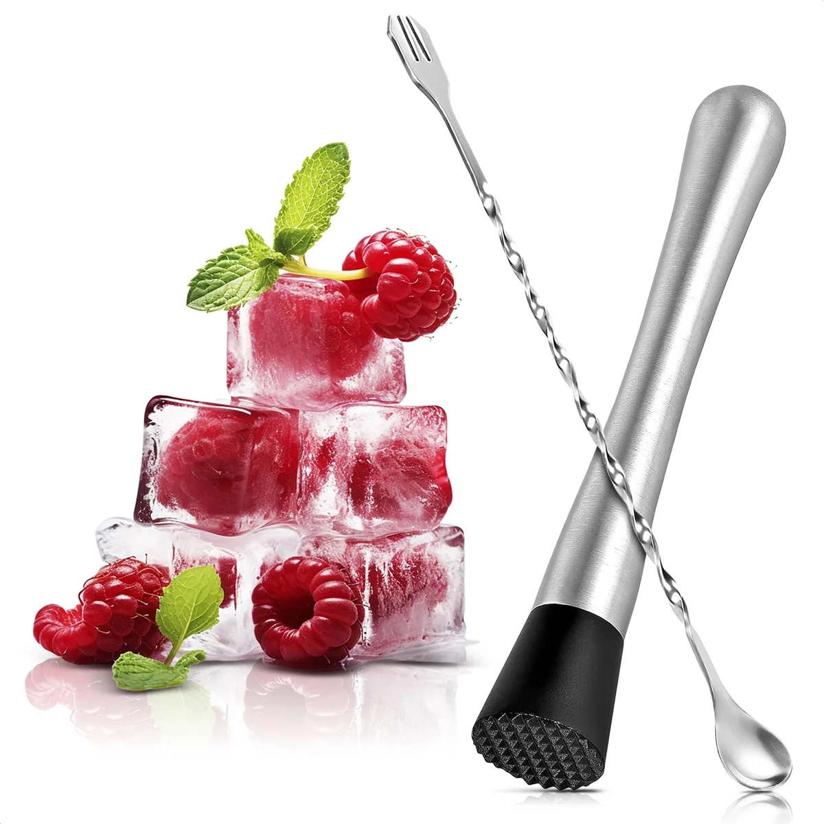 Black stainless steel 10 inch muddler with nylon head and 10.3 inch twisted bar spoon with fork tip, seven piece set