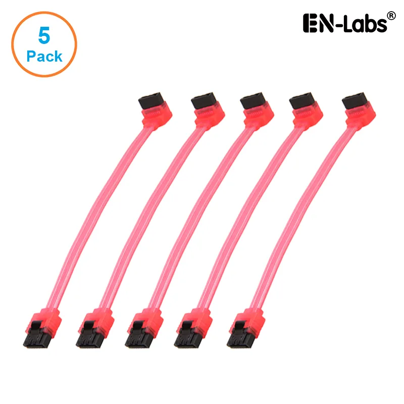 EN-Labs EN-Labs 5PKSATAIII15CMRD90 SATA cable 5-pack UV Red 6 inch straight 90° locking latch — product photo