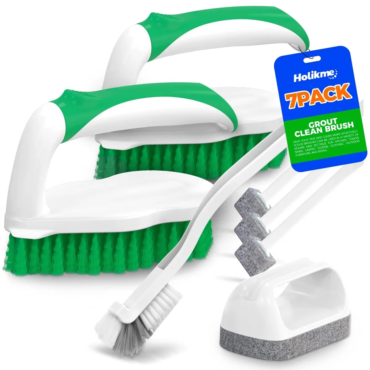 Green seven-piece brush set with scrubbers, groove tools and a scouring pad