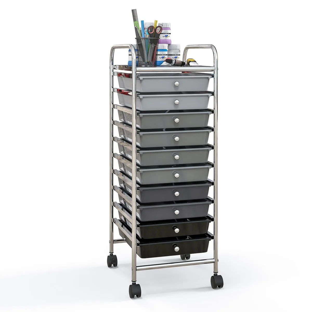 Silver steel frame with ten gradient gray plastic drawers and four casters