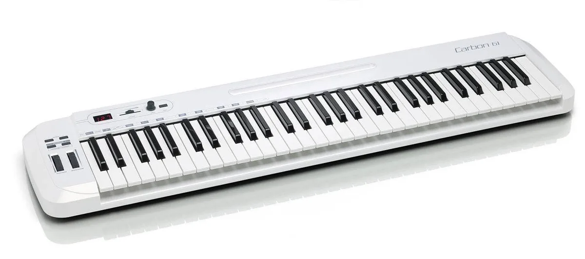 Black 61-key MIDI controller with pitch and modulation wheels, data encoder, volume slider, transpose and octave buttons