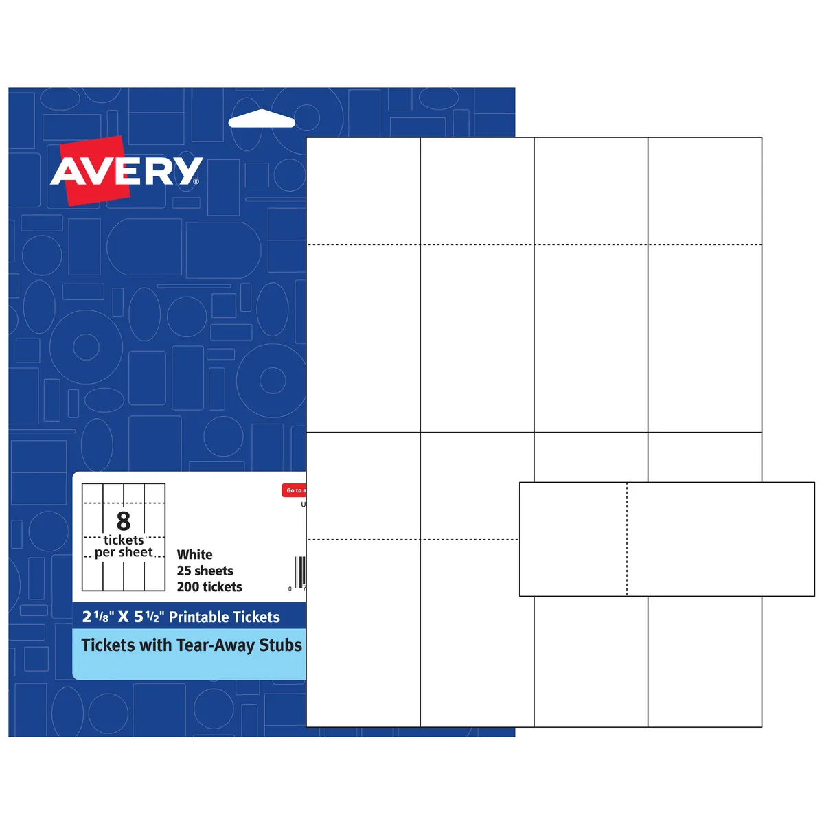 White perforated ticket sheets with tear-away stubs, 25 sheets in pack