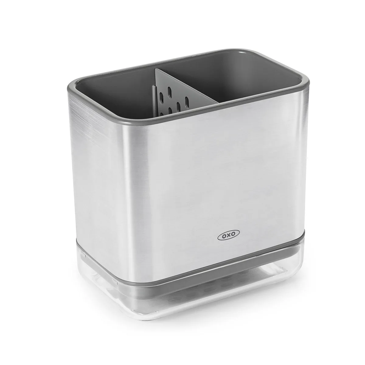 Polished chrome rectangular sink caddy with divider and drip tray