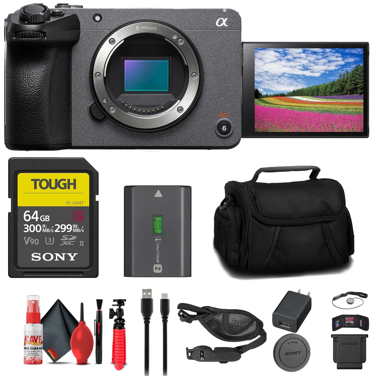 Sony Sony FX30 Cinema Camera Kit 26MP 64GB Card 12in Tripod Bag Strap Wallet Cap Keeper Cleaning Kit — product photo
