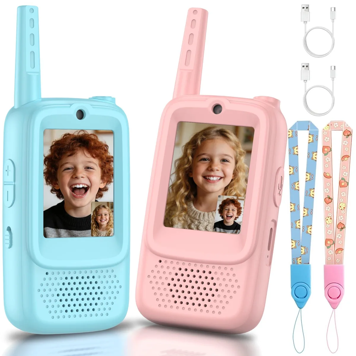 Pair of compact video walkie-talkies with colour screens and rechargeable batteries