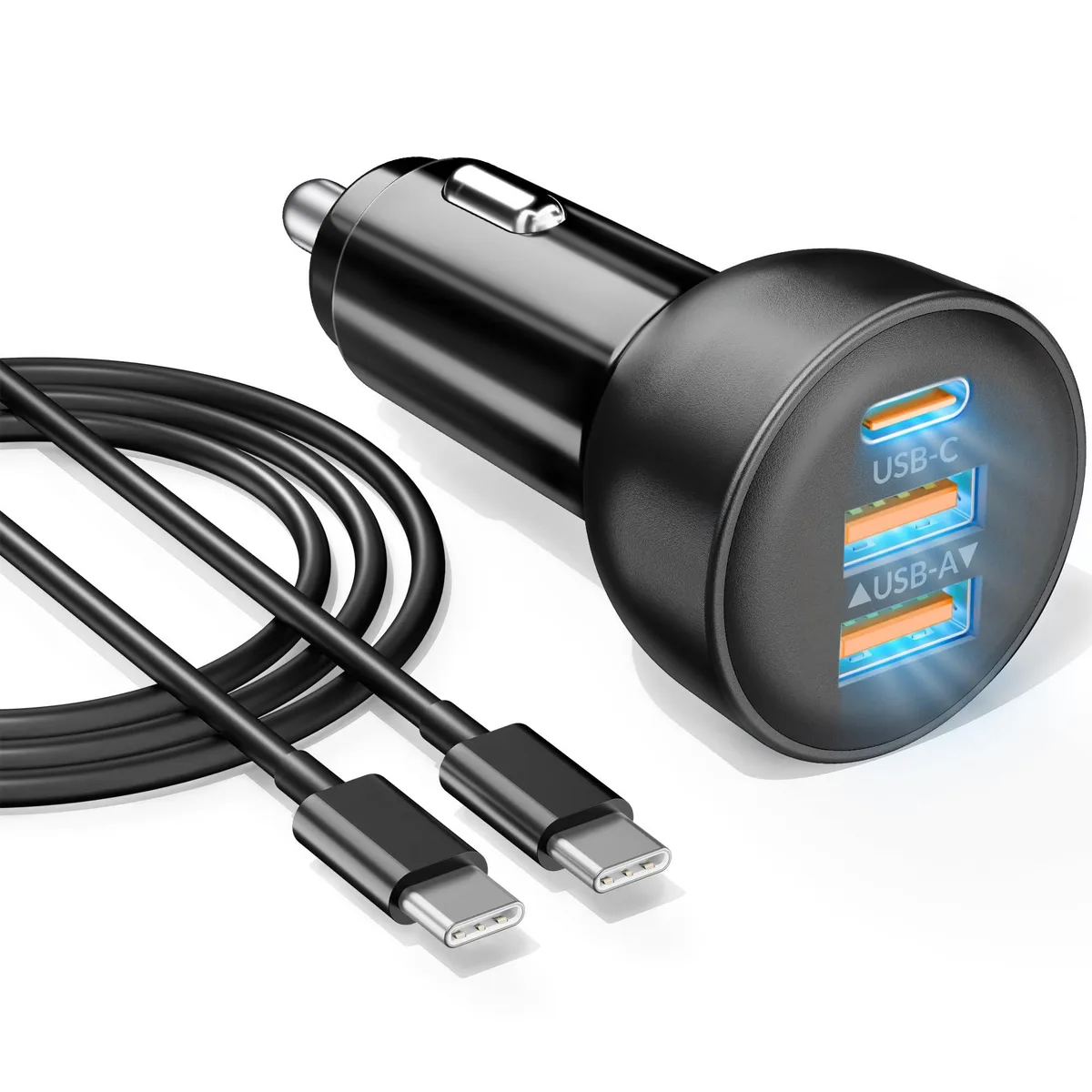 Black cylindrical car charger with three USB ports and a coiled USB-C cable attached