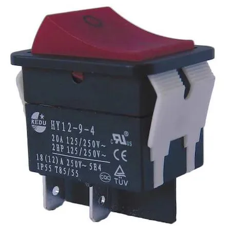 Black rocker switch with red actuator rectangular body four quick-connect tabs