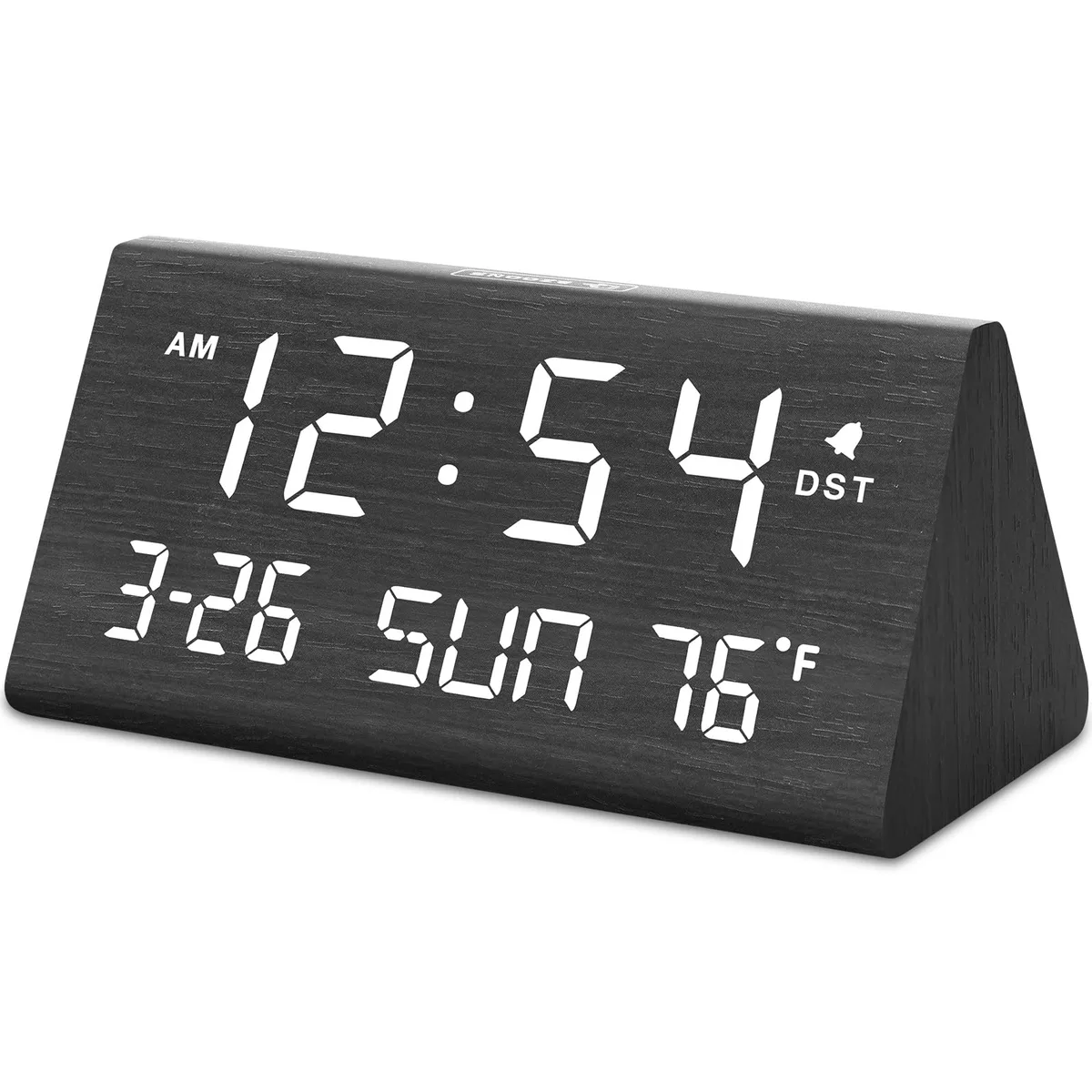 Black wooden digital clock showing time date day and temperature with USB port on top