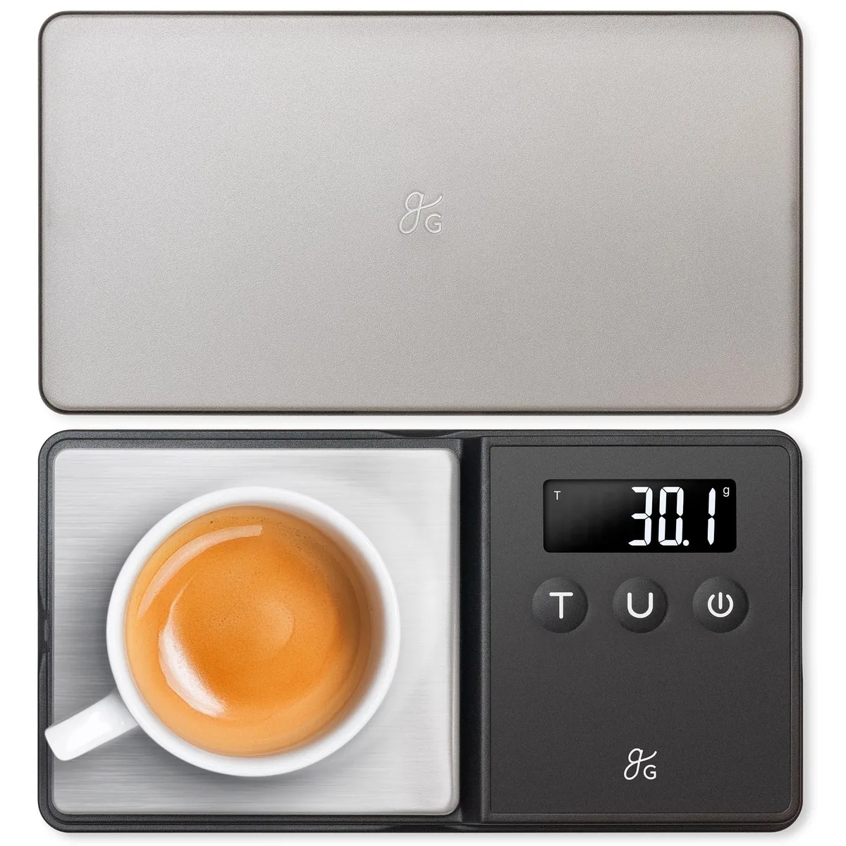 Compact black digital espresso scale with flip lid tray, stainless steel platform, backlit display, rubber feet