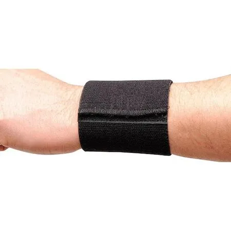 Black elastic wrist brace with single adjustable strap, slide-on design, ambidextrous fit